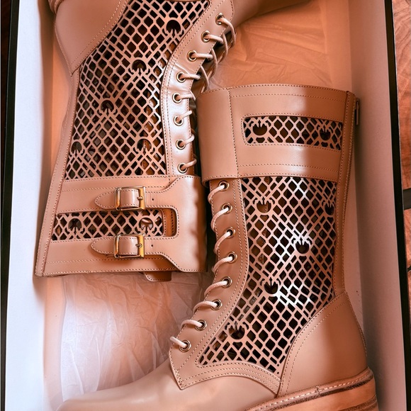 Pinko Beige Leather Combat Boots • Lug Sole • Lace-Up w/ Zipper - Picture 11 of 11